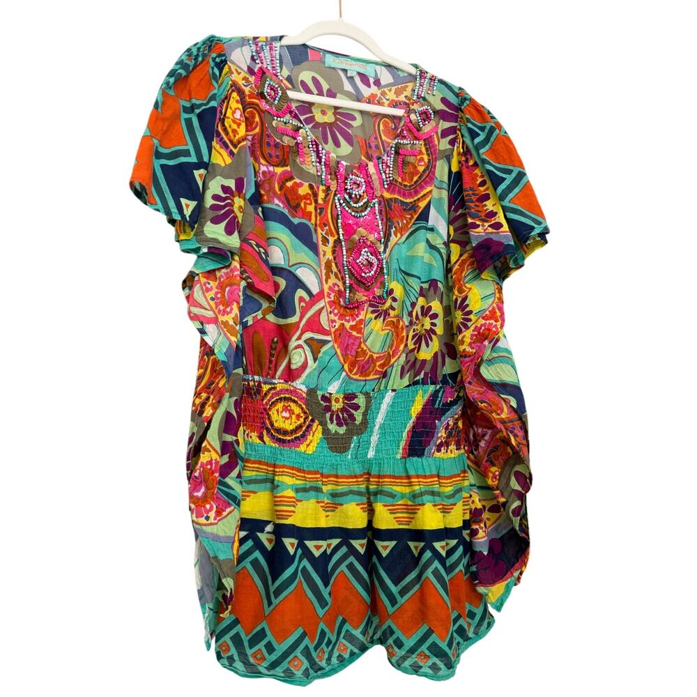 Kareena’s Boho Beaded Mini Dress Cover-Up M Colorful Embroidered Resortwear